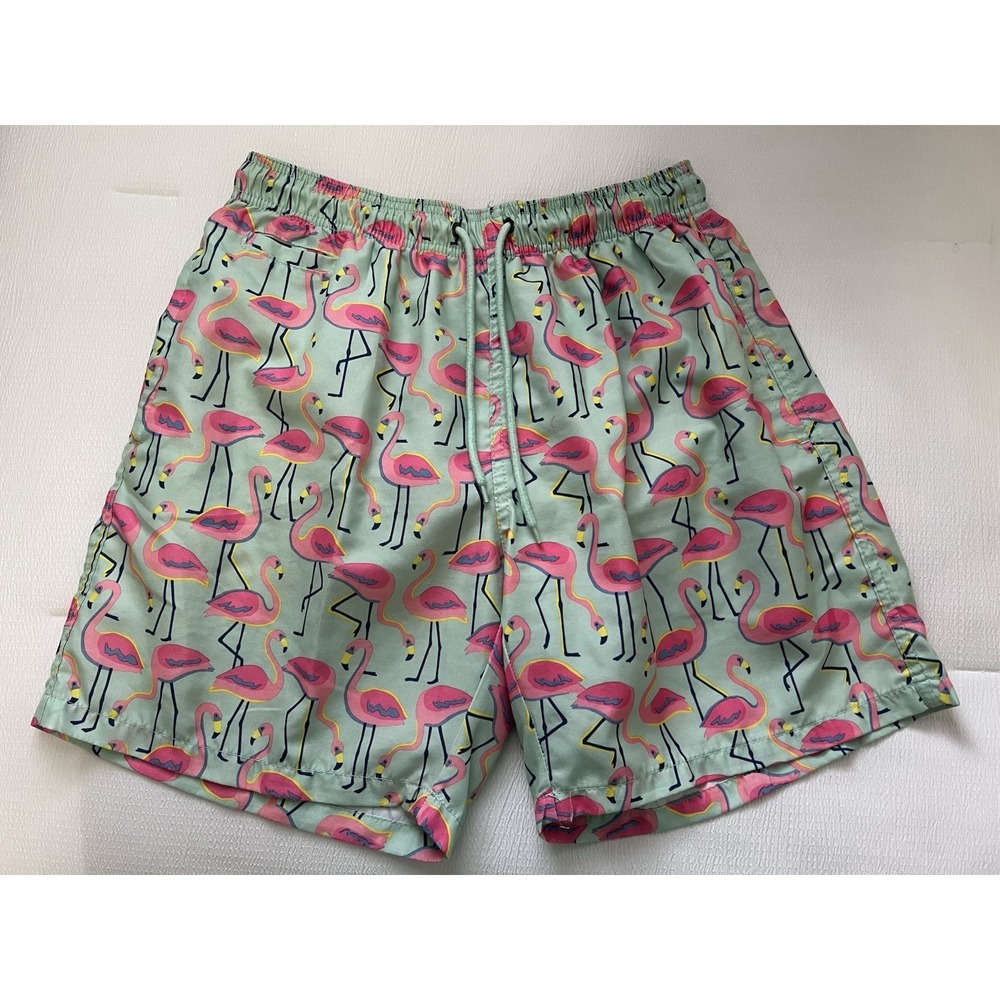 Free Planet Mens Flamingo Print Swim Shorts Sz L Mint Green Tropical Beach Pool‎